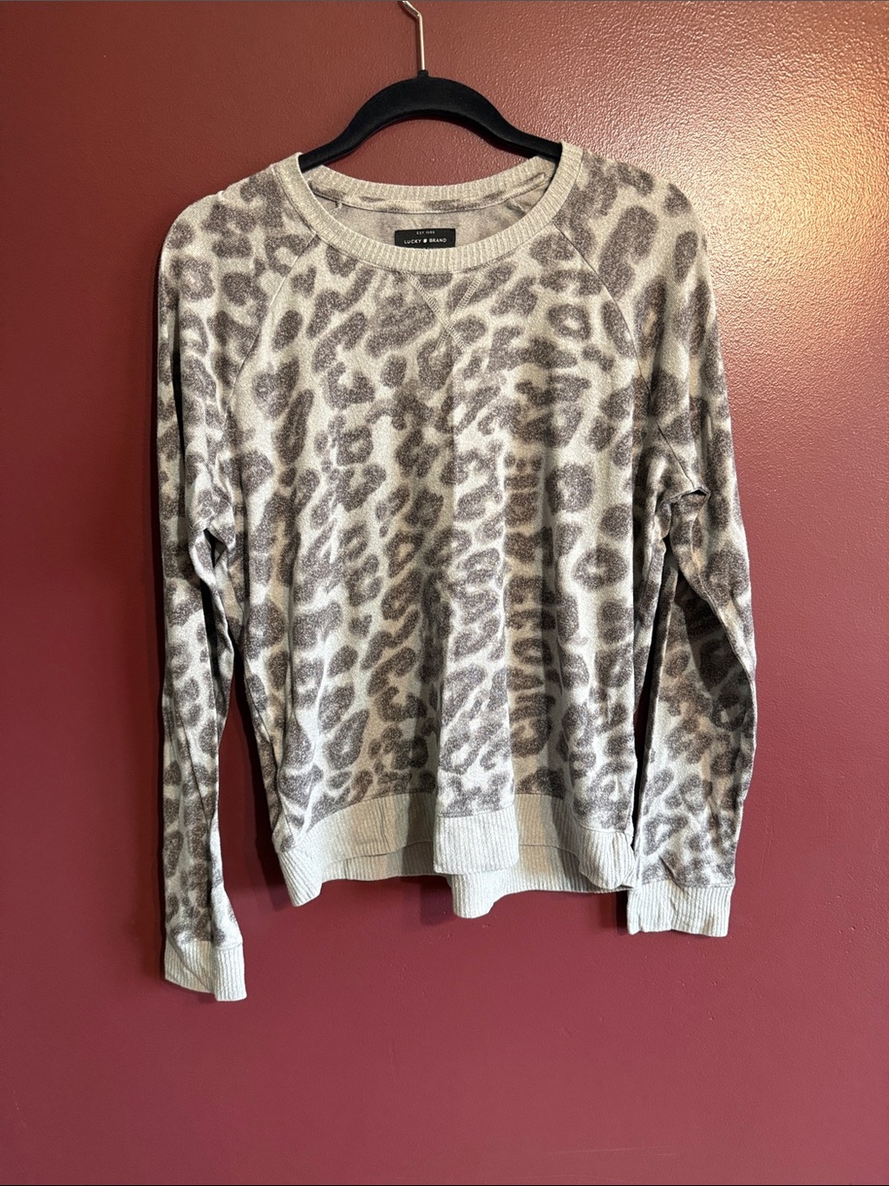 Lucky Brand Gray Leopard Crewneck Sweater